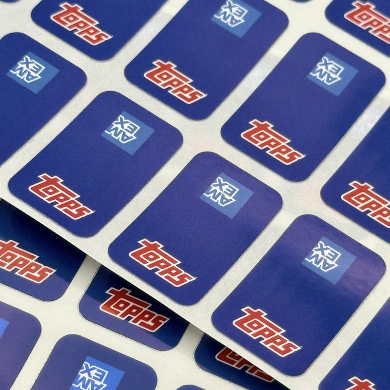 Sheet of custom blue Mag Seals with red and white logos