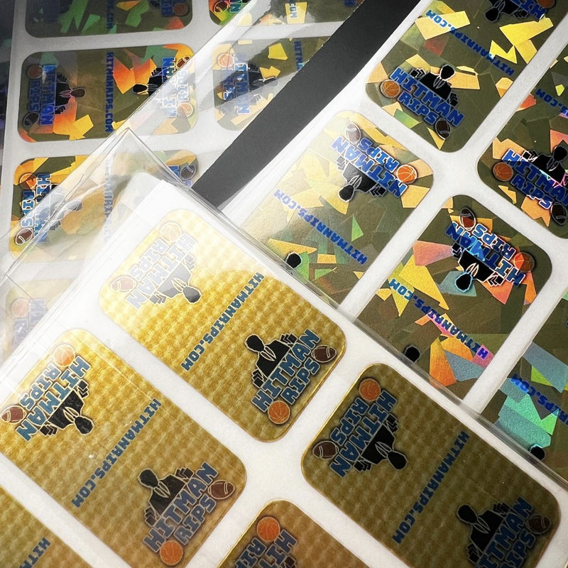 Sheets of custom Cracked Ice and gold Mag Seals with a blue logo